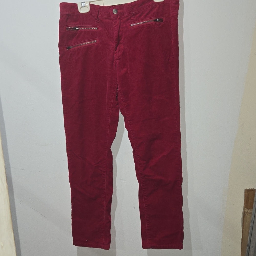 VENUS Men's Deep Red Corduroy Pants with Zip Details